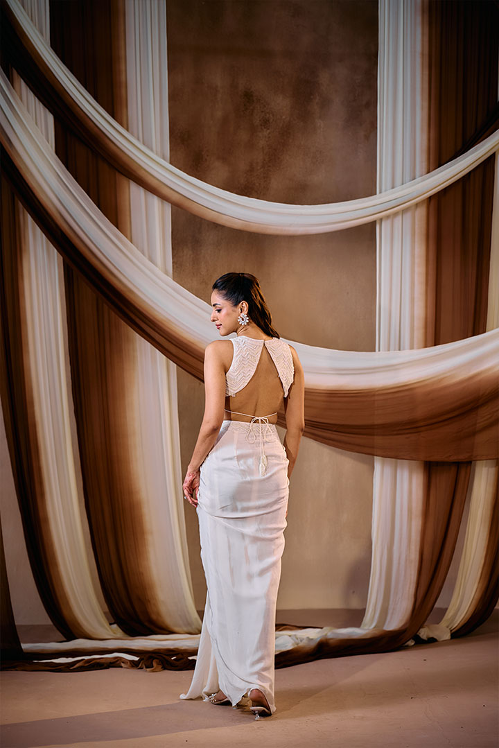 Ivory draped skirt with top and cape