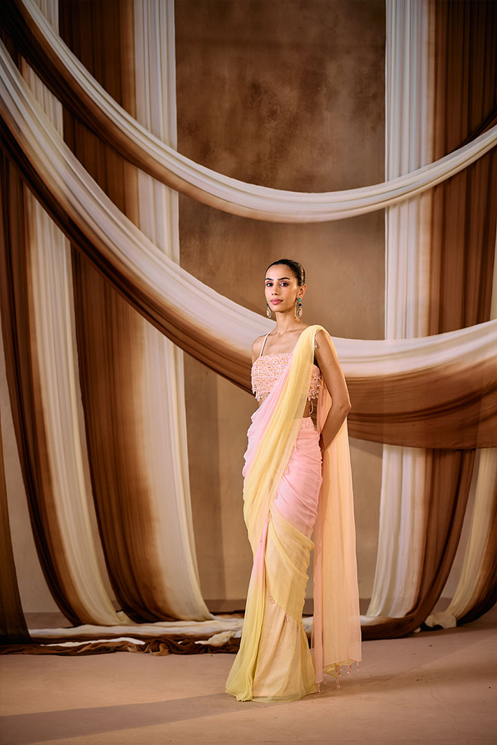 Ombre draped saree with beaded blouse