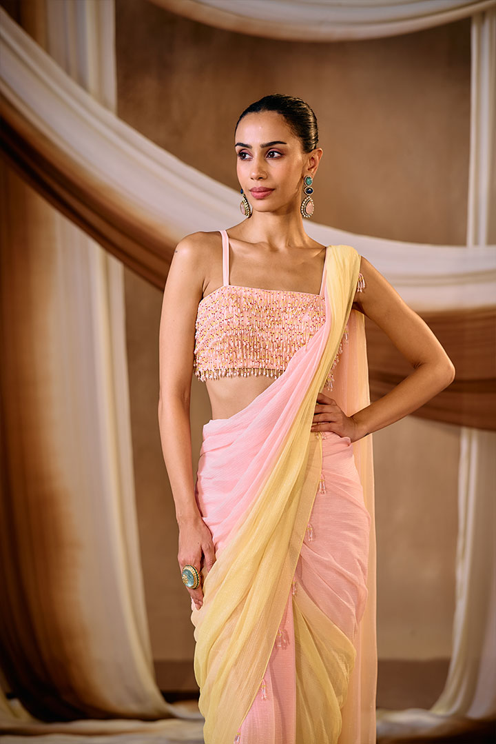 Ombre draped saree with beaded blouse