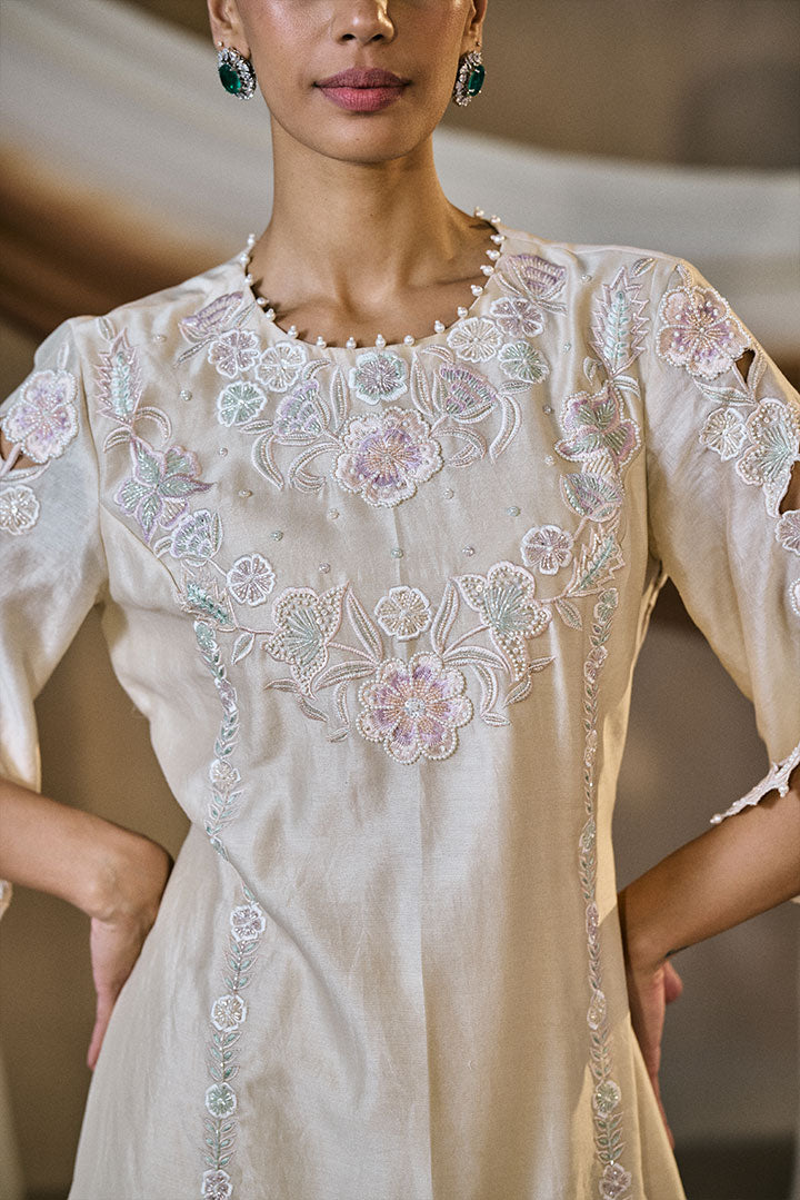 Beige chanderi silk embroidered Kurta set