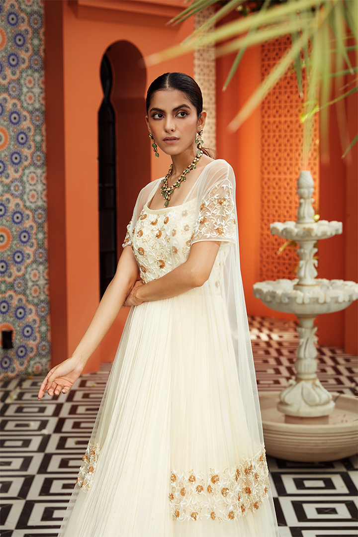 AB01 Ivory Gold Pleated Anarkali with Embroidered Cape shopniamh