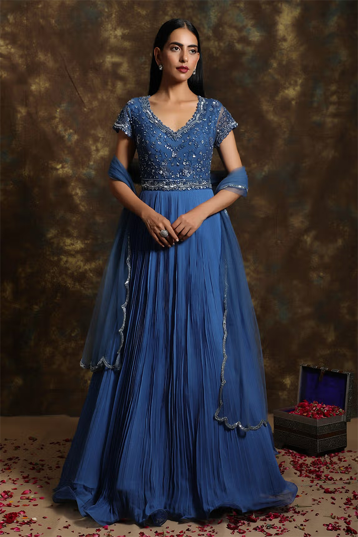 Blue Anarkali Faux Georgette Gown With Fully Flair Suits In Sale -  SareesWala.com