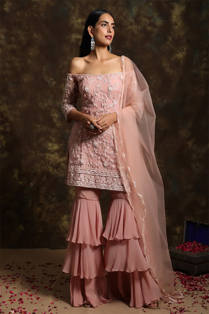 C019 Peach Pink off Shoulder Kurta and Sharara Set