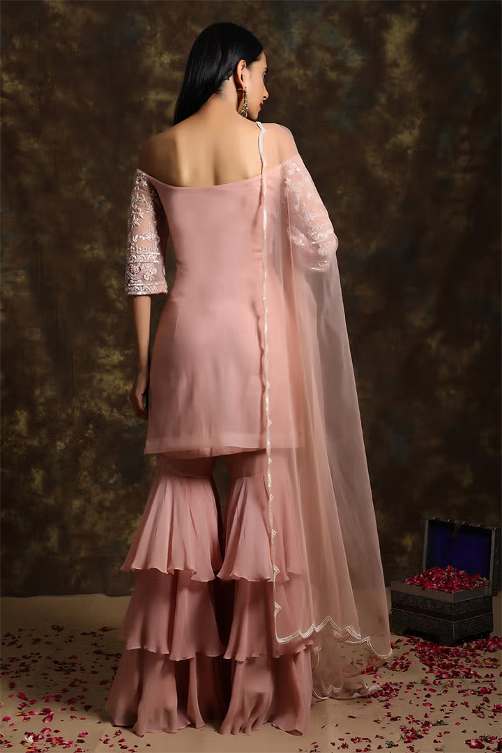 C019 Peach Pink off Shoulder Kurta and Sharara Set