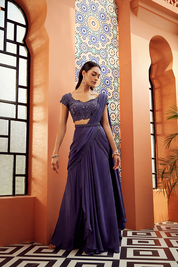 AB07 Midnight Sapphire Blue Embroidered Pre Drape Saree