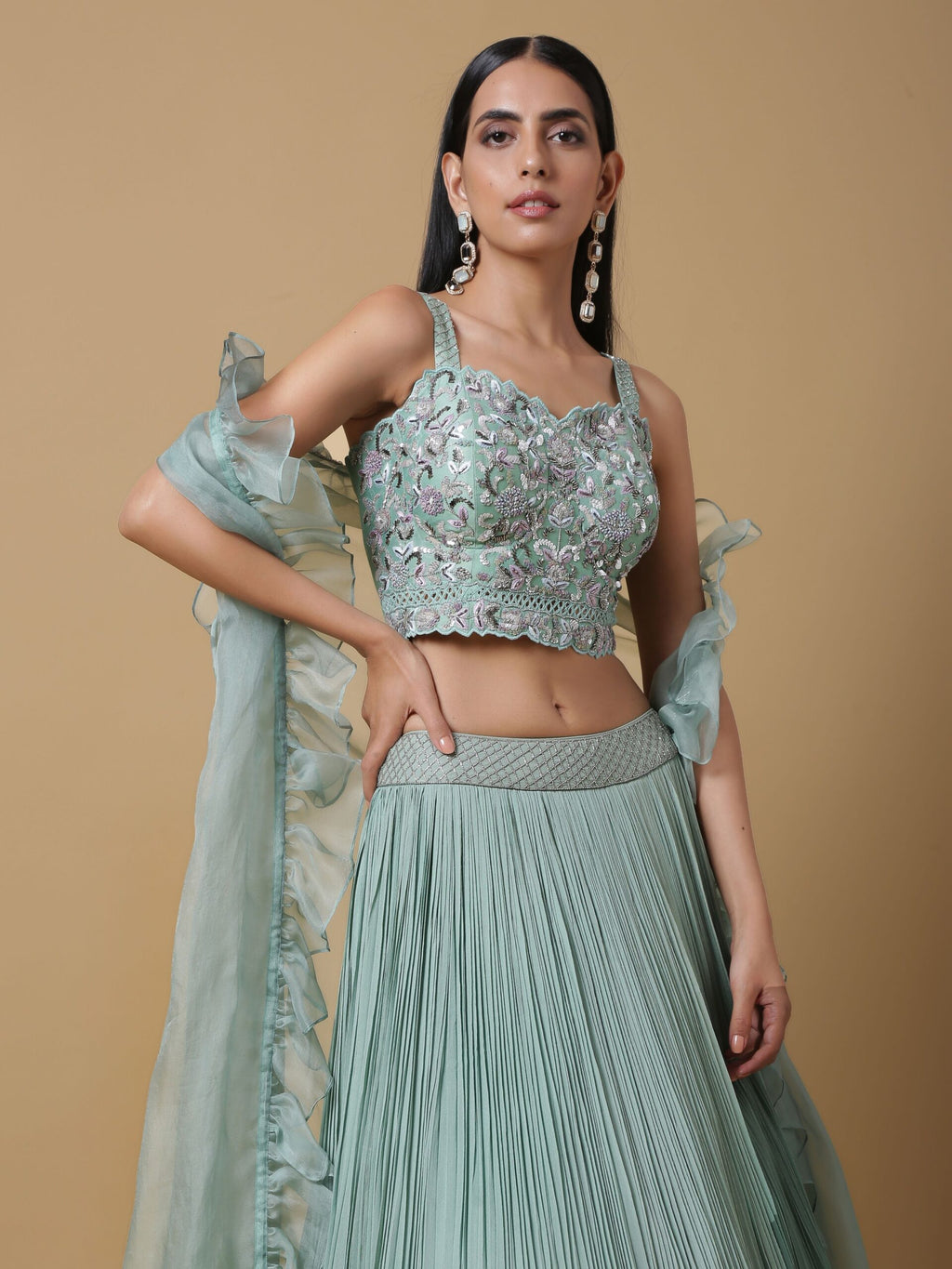 C008 Pleated Lehenga with Ruffled Cape