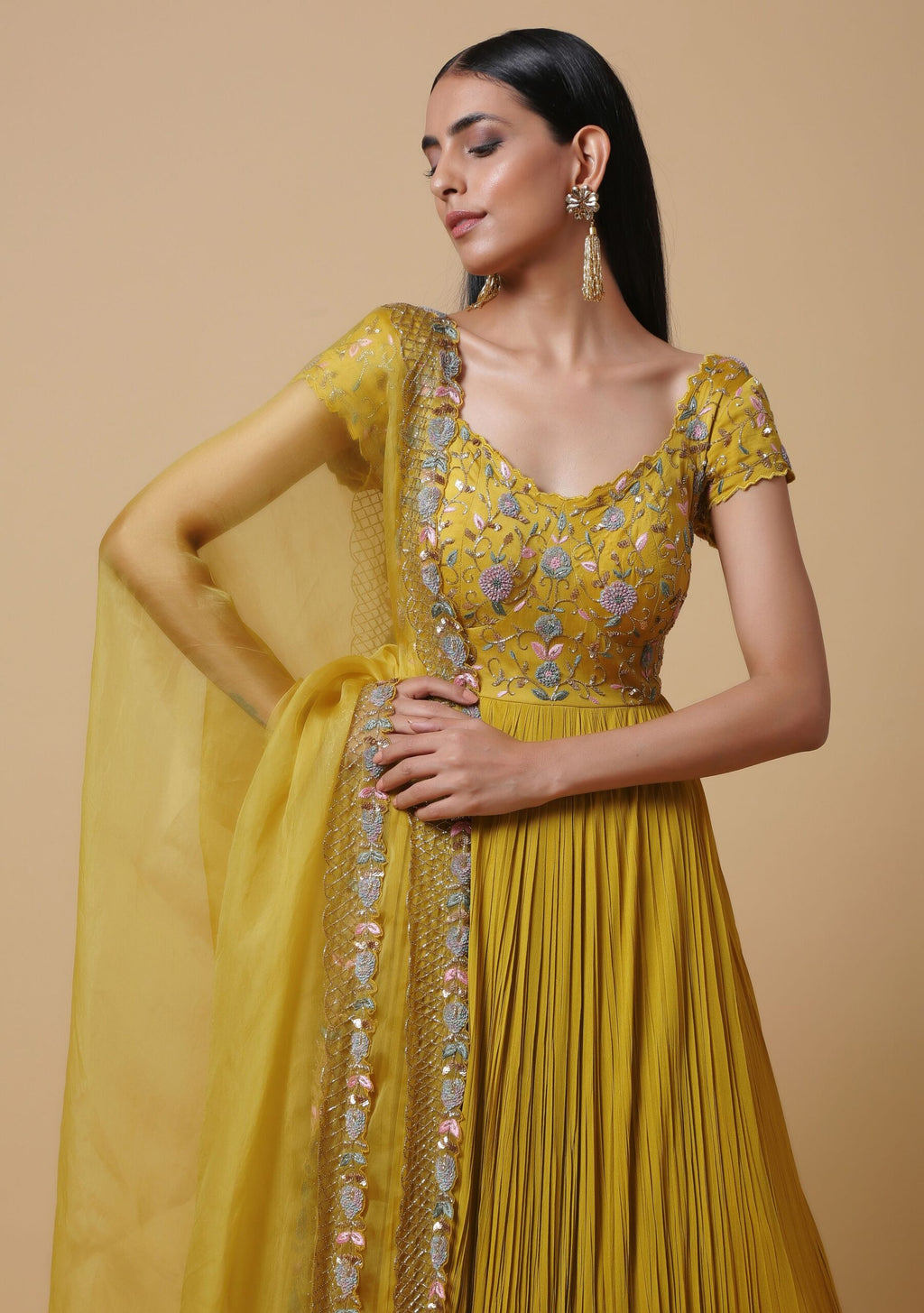 C009 Mustard pleated anarkali with dupatta
