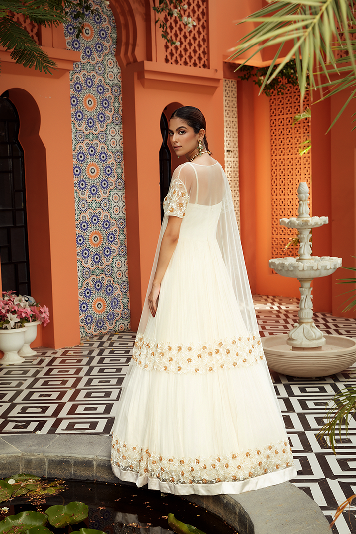 AB01 Ivory Gold Pleated Anarkali with Embroidered Cape
