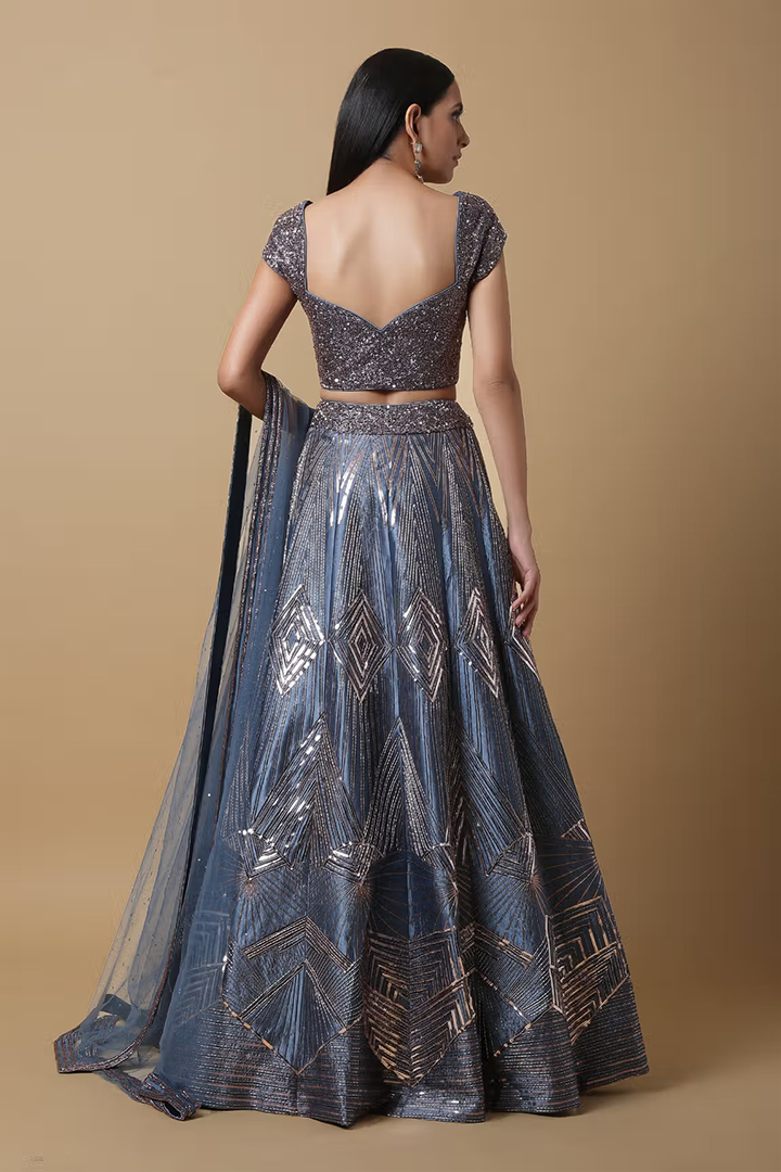 Jade Blue Hand Embroidered Lehenga Set With Belt Design by OSAA By Adarsh  at Pernia's Pop Up Shop 2024
