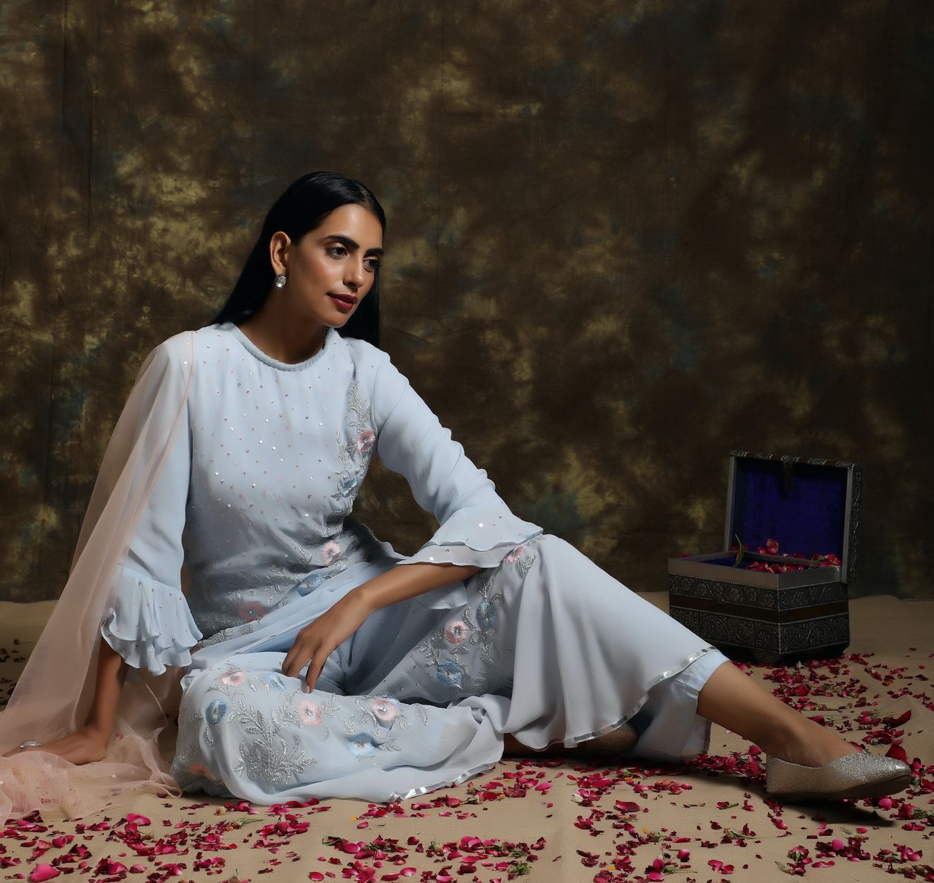 C023 Flayered Powder Blue Sharara and Kurta Set