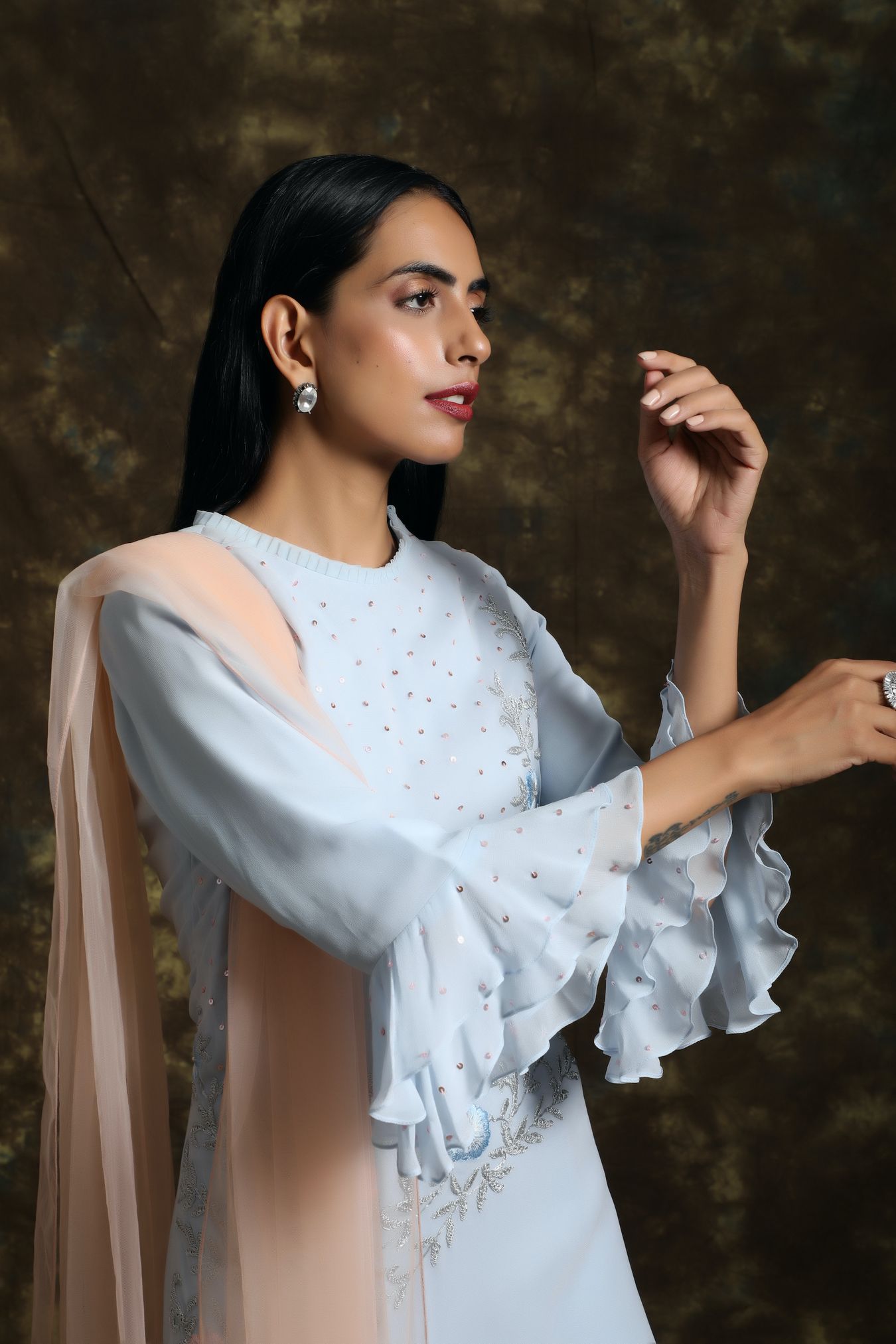 C023 Flayered Powder Blue Sharara and Kurta Set
