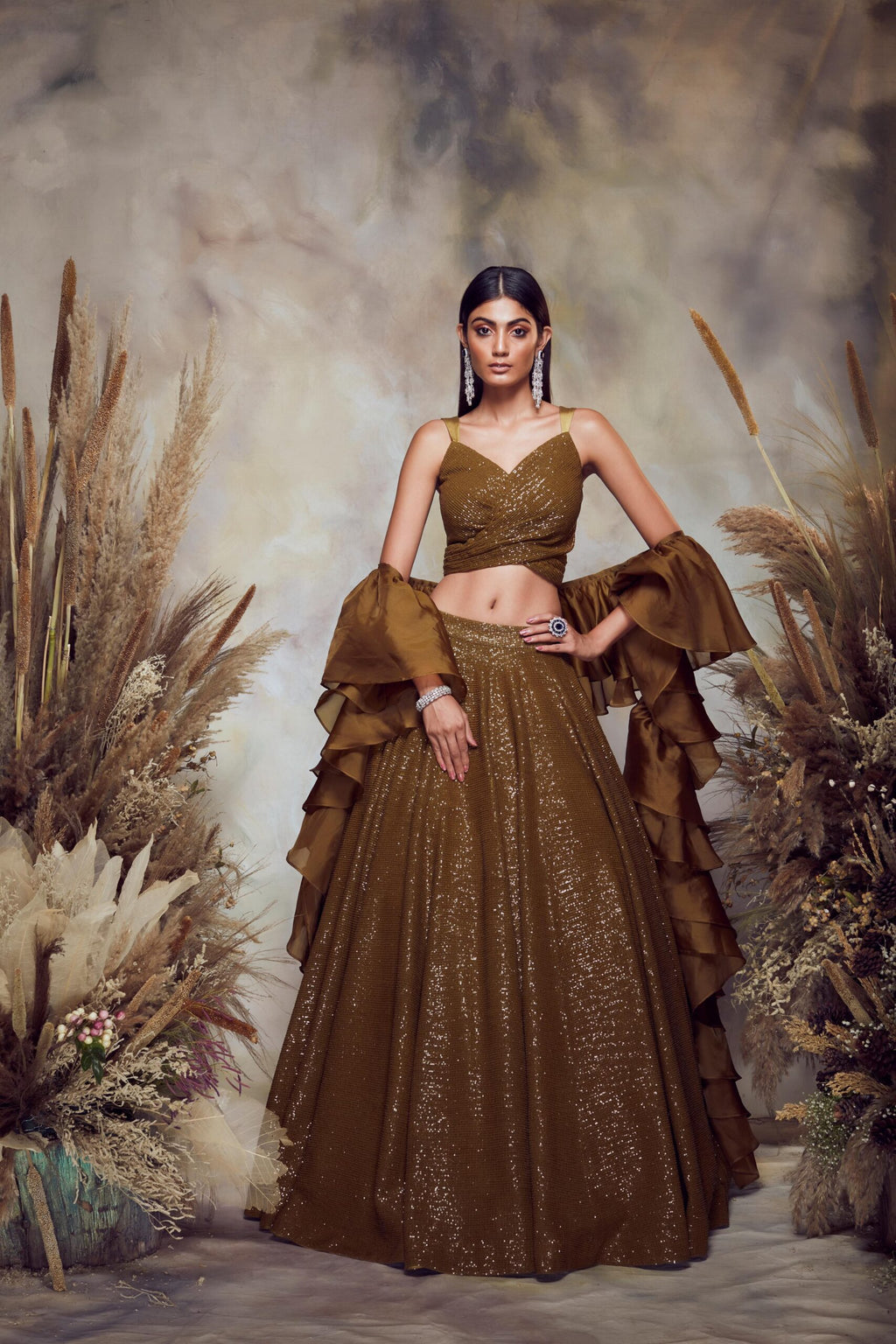 BB11 Olive green cocktail lehenga set