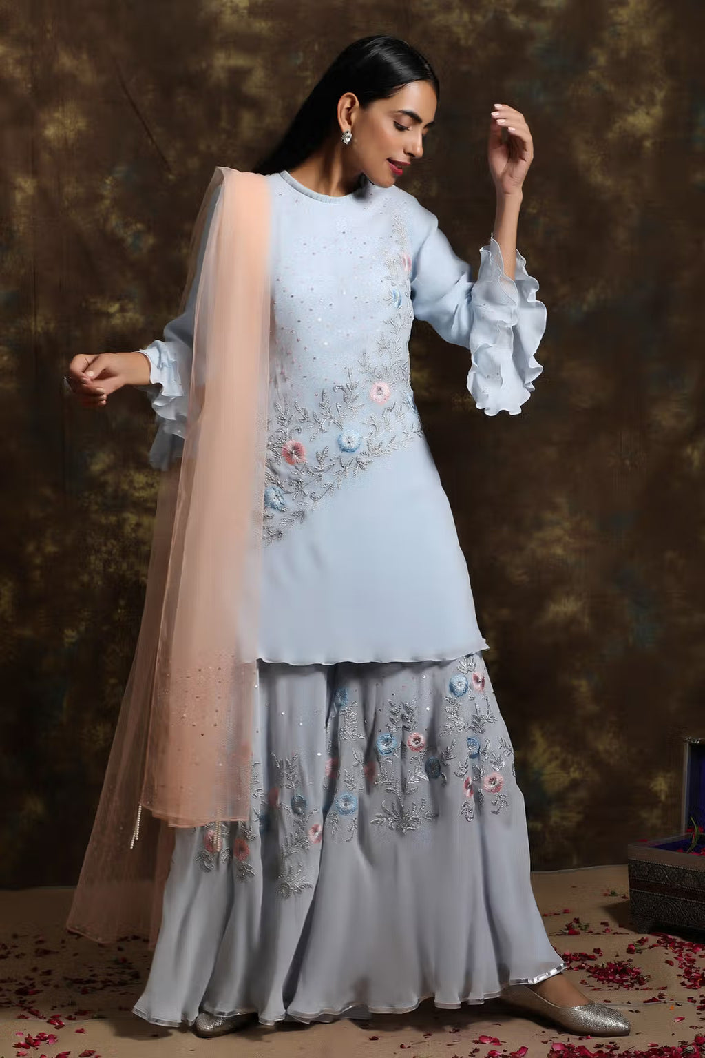 C023 Flayered Powder Blue Sharara and Kurta Set