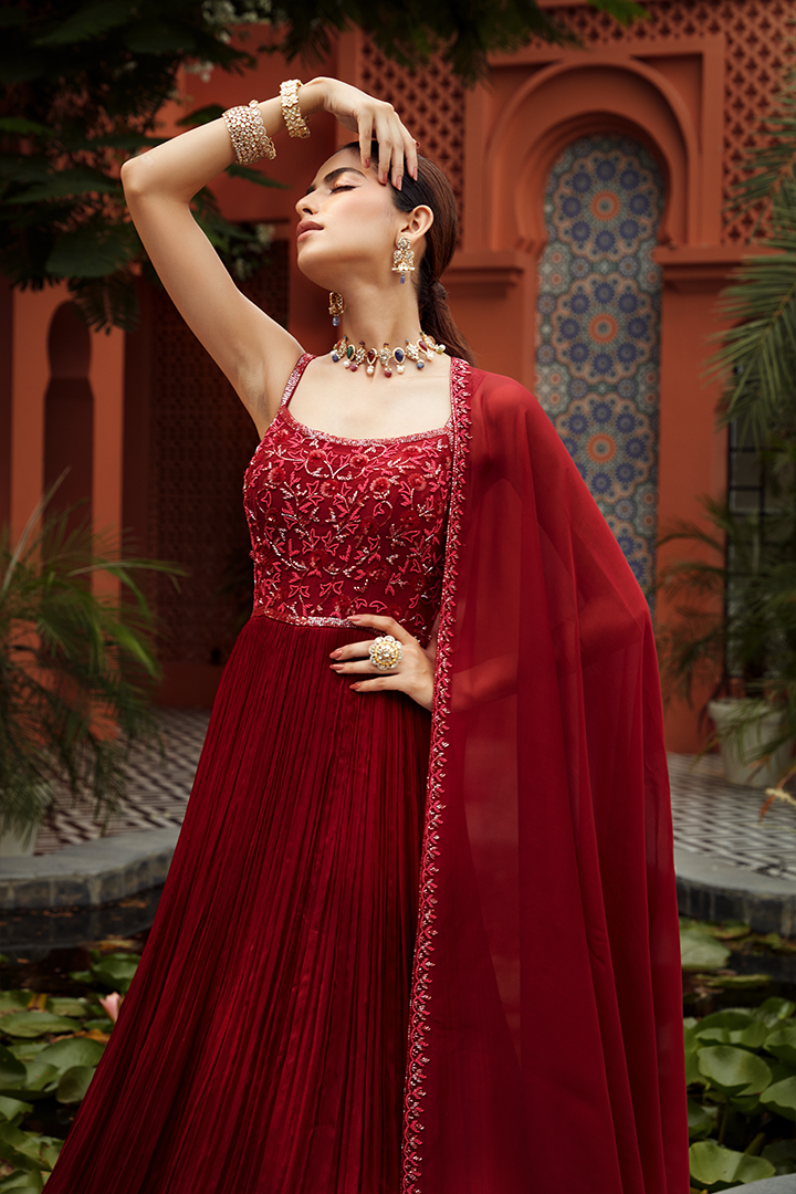 AB03 Scarlet Red Embroidered Pleated Anarkali Set
