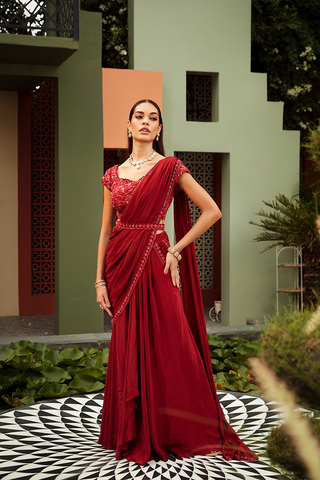 AB02 Scarlet Red Embroidered Pre Drape Saree