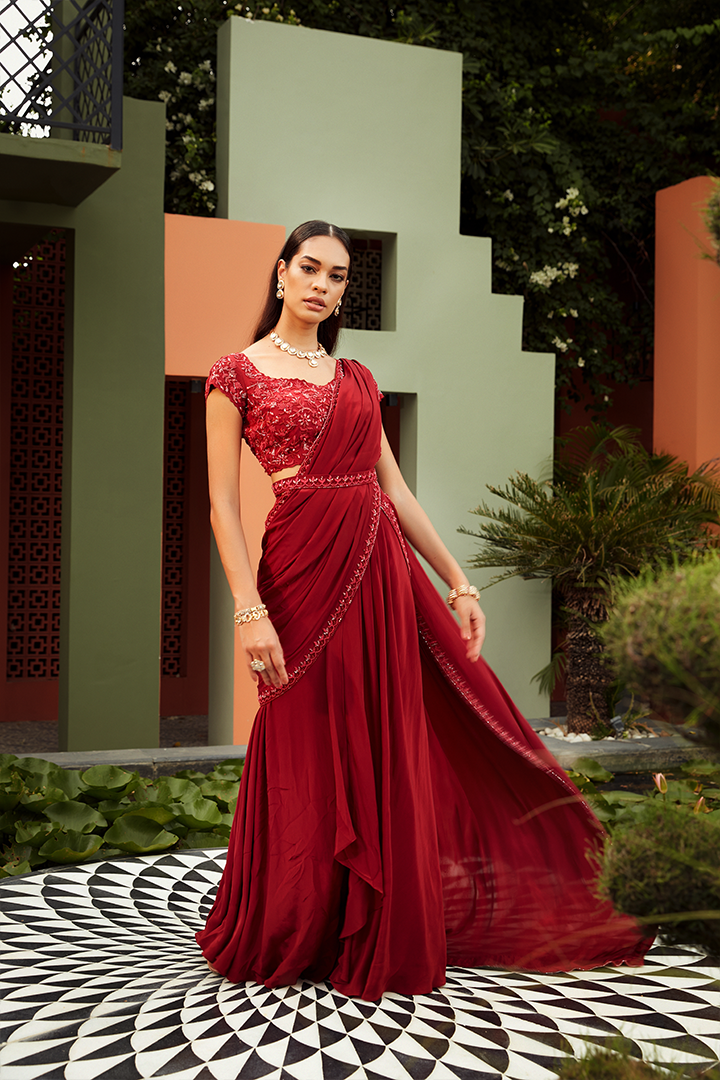 AB02 Scarlet Red Embroidered Pre Drape Saree