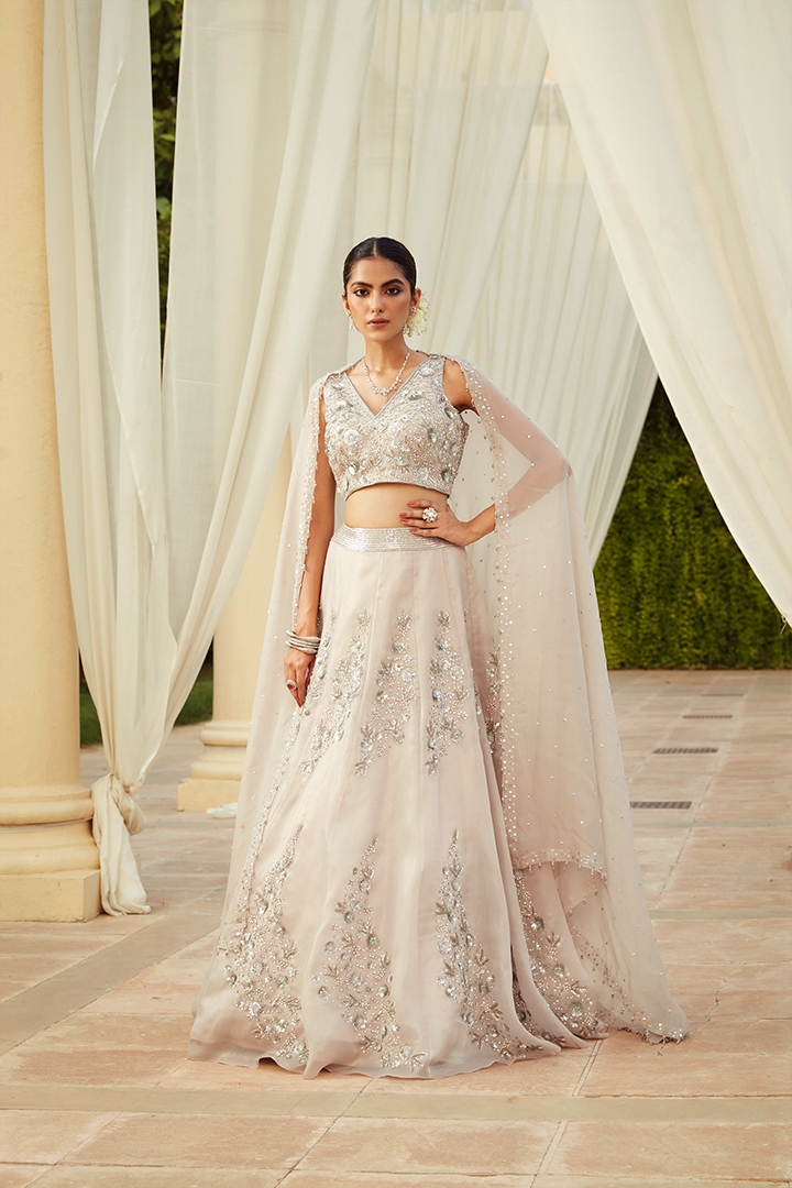 AA03 Silver Grey Floral Embroidered Lehenga Set