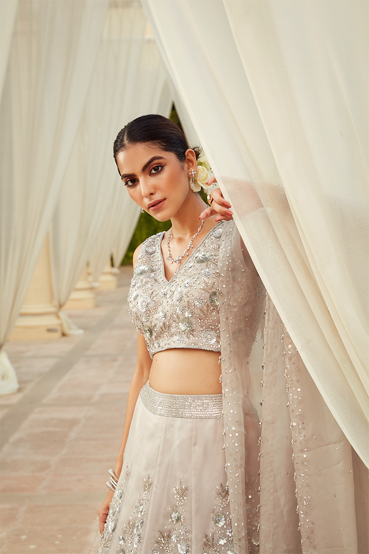 Buy Grey Main Material Kurta Silk Round Embellished Lehenga Set For Women  by Astha Narang Online at Aza Fashions.