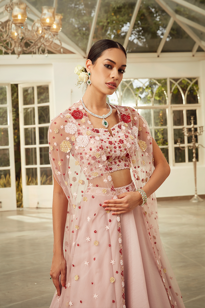 AA07 Rose Pink Floral Embroidered Cape Lehenga Set
