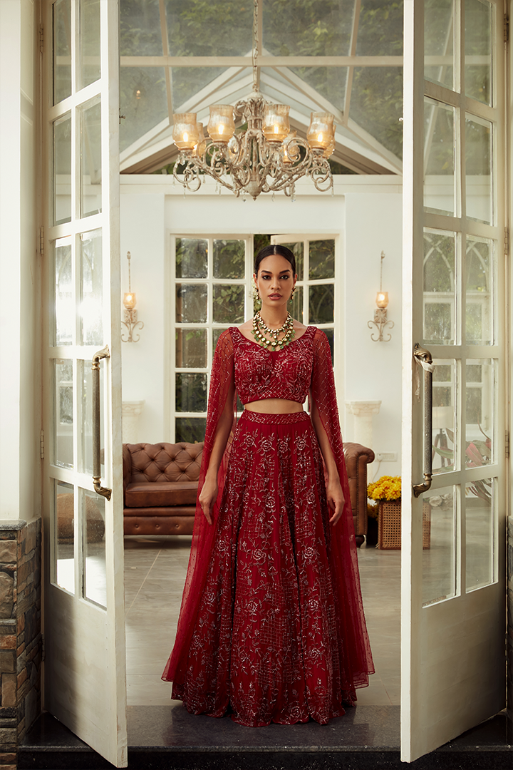 AA08 Ruby Red Floral Embroidered Lehenga Set