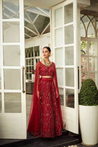 AA08 Ruby Red Floral Embroidered Lehenga Set
