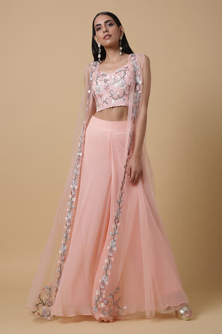 C010 Salmon Pink Blouse and Palazzo Set with Cape